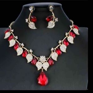 Stunning Red and Silver Leaf Statement Necklace and Earrings Bridal Jewelry